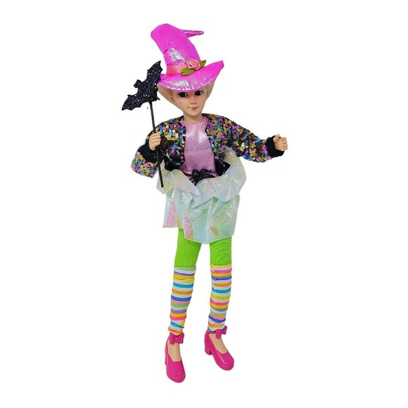 19" Fabric Pink Halloween Positionable Girl Elf  with Spider Witch Hat Wreath At - Picture 2 of 4